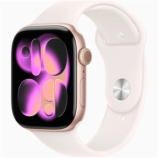 Apple Watch S11 GPS-es (46mm) rózsaarany alumínium tok, lágy rózsaszín S / M sportszíjas okosóra