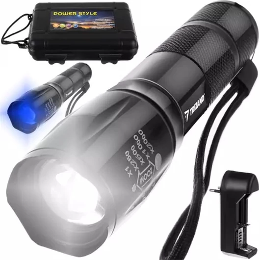 Trizand 2in1 LED / UV zseblámpa, töltővel, akkuval táskában