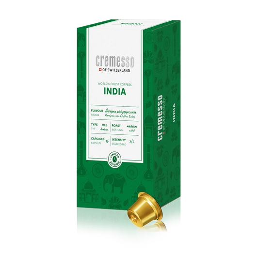 Cremesso India kávékapszula 16 db-os kiszerelésben 100% Arabica kávéból küzepes pörköléssel, Intenzitás: 3/5 Mennyiség: 16 db/doboz