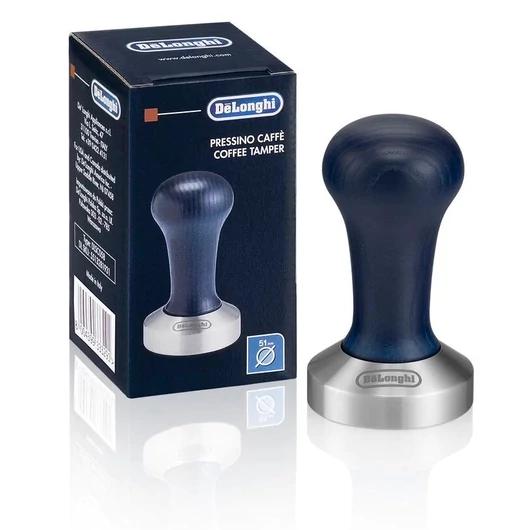 DeLonghi DLSC058 Kávétömörítő Tamper, 51 mm átmérő, rozsdamentes acél fa fogantyúval, súlyozott alap, Kék/ezüst